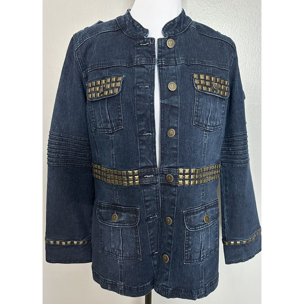 DG2 Womens M Bronze Studded Blue Jean Jacket Button Denim Military Blazer Coat
